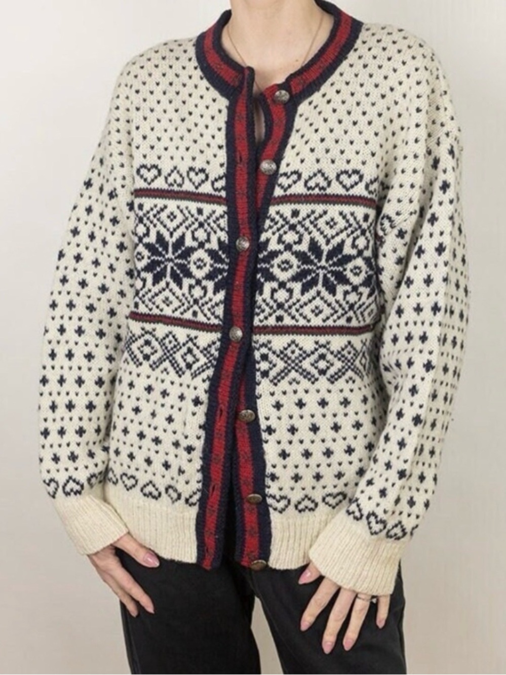 L.L. Bean Nordic Hearts Wool Blend Cardigan Vintage Size XL
